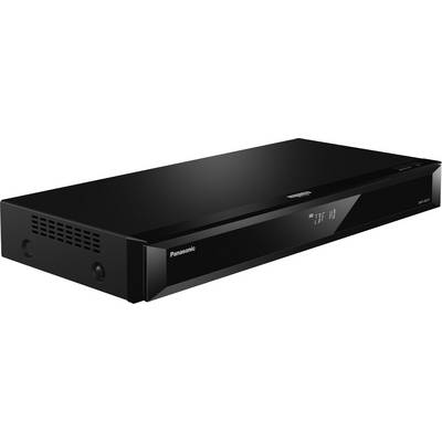 A black Panasonic Blu-ray player with a digital display and side ventilation slots.