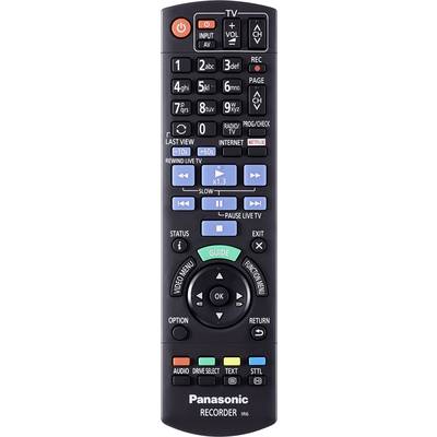 Remote control for a Panasonic recorder with buttons for TV control, recording, navigation, and special functions such as internet access.