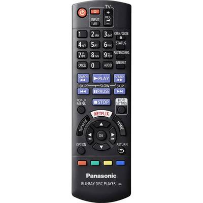 Black remote control for a Panasonic Blu-ray disc player with buttons for playback, pause, Netflix and volume control.