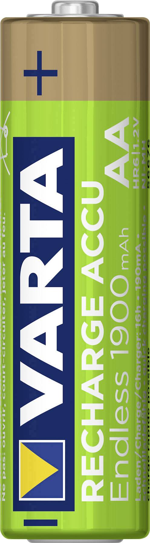 VARTA rechargeable AA battery with 1900 mAh capacity. VARTA logo on the left, technical specifications on the right.