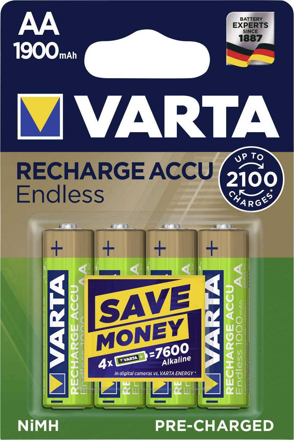 Four rechargeable AA batteries by Varta with 1900mAh capacity. Packaging indicates 'up to 2100 charge cycles'.