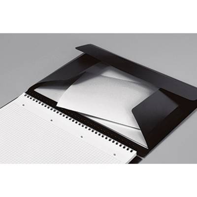 An open ring binder with a white sheet of paper inserted, beside it a spiral-bound notebook with graph paper, all placed on a grey background.