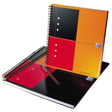 Two spiral-bound notebooks with colourful covers in red and orange; a ballpoint pen is lying across them.