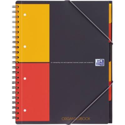 A black spiral-bound notebook with an elastic closure and an orange-yellow design. Text on the cover: 'ORGANISEDBOOK'.
