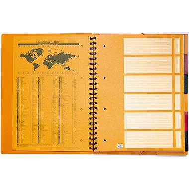 Planner with world map and time zones on one page, blank fields on the other page for notes or appointments.
