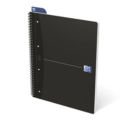 Black spiral notebook with hardcover, three stars on the logo.