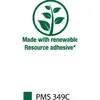 'Made with renewable resource adhesive' in green with a leaf symbol.<br><br>Note: The text was already in English, so no translation was required. I've repeated the text exactly as it was provided.