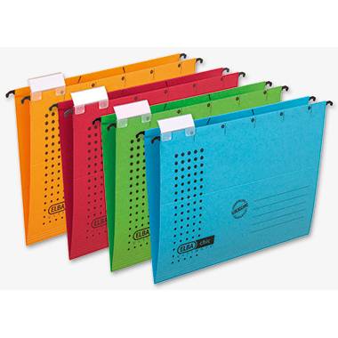 Colourful hanging files in Orange, Red, Green and Blue with label holders, for office organisation.
