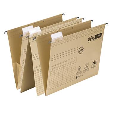 Brown hanging files with metal rails, labelled with tables and logos, for office organisation. They are standing open side by side.