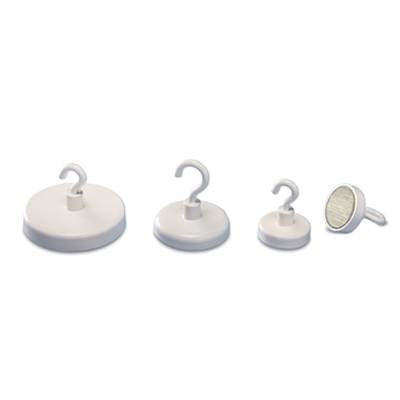 Four white magnetic hooks arranged in different sizes from large to small. They are designed for hanging objects.