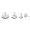 Four white magnetic hooks arranged in different sizes from large to small. They are designed for hanging objects.