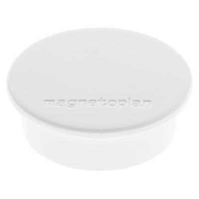 White, round magnet with 'magnetoplan' embossed on the top surface, used for attaching papers to magnetic surfaces.