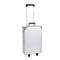 A silver travel suitcase with an extendable handle and wheels, suitable for business or holiday trips.