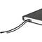 A black notebook with two bookmarks, lying on a white surface.
