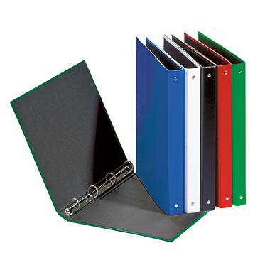 Six lever arch files in different colours stand upright, with one open to reveal the metal rings inside.