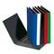 Five lever arch files in different colours (blue, black, white, red, green) are standing side by side. The front file is open.
