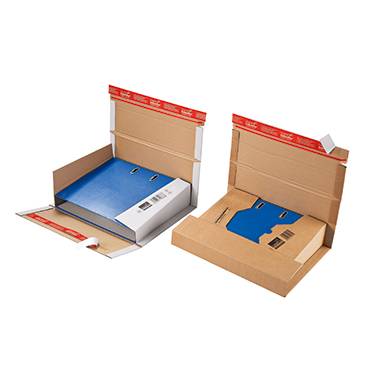 Two open shipping boxes with blue ring binders. Boxes are made of brown cardboard with red sealing tape.