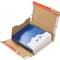 A blue ring binder is lying in an opened, padded postal packaging on a white background.