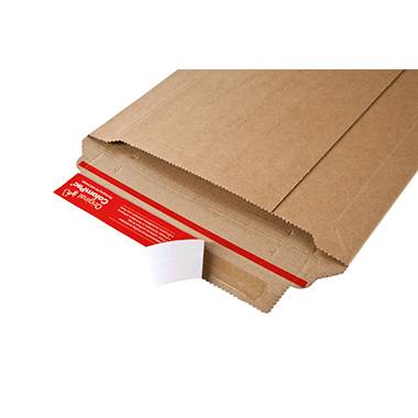 A brown cardboard shipping box with a red label at one corner, opened and slightly angled for display.