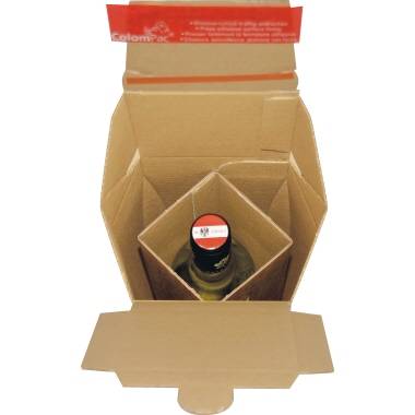 A carton with a special insert that secures a bottle for safe packaging, likely for shipping.