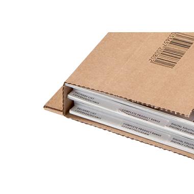 An open cardboard box containing several folded brochures with the inscription 'Complete Product Range'.