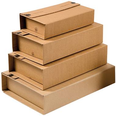 Four brown cardboard boxes of varying sizes stacked on top of each other. Suitable for shipping or storage.