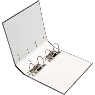 A white, open folder with two metal rings and a lever mechanism. The folder is empty and lies on a white surface.