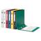 Six different colourful ring binders are standing in a row. A green folder lies open, revealing its ring mechanism and a writable label.