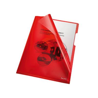Red clear document sleeve with a paper insert, showing a document with diagrams and an illustration that suggests professional use.