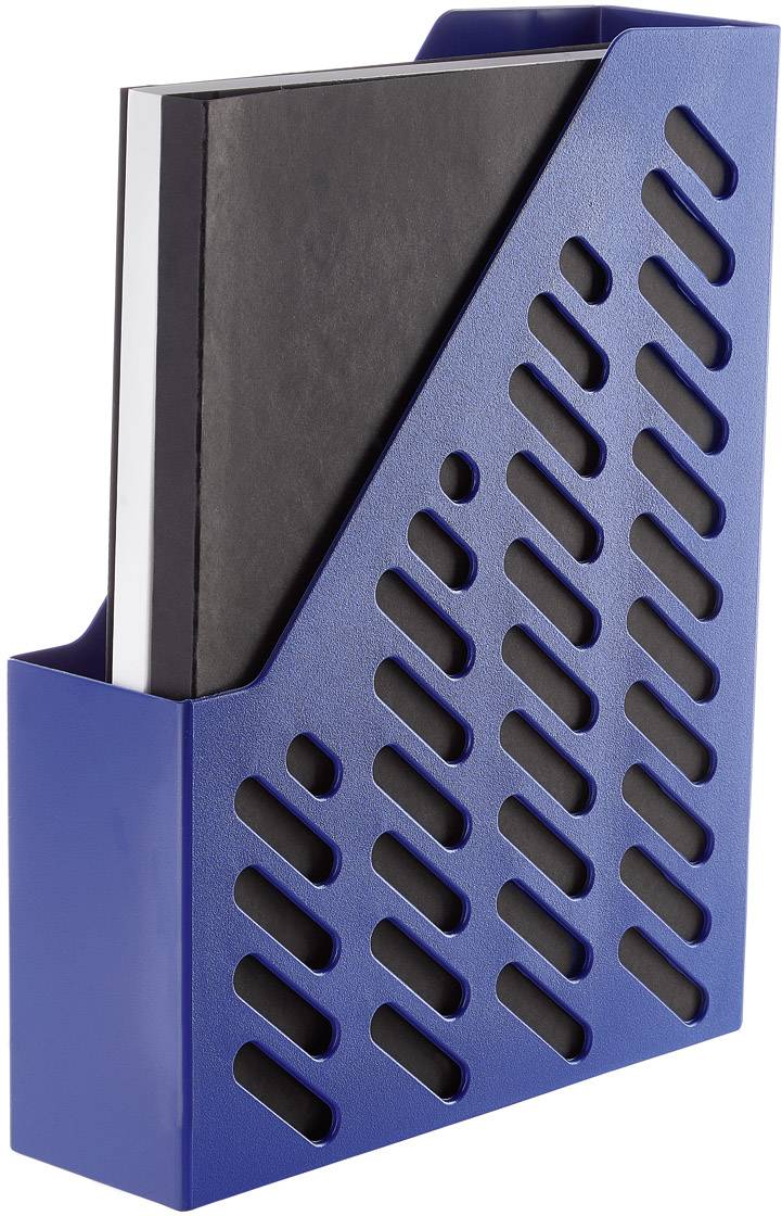 Blue plastic magazine holder with black book inside.