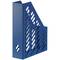 Blue magazine folder with diagonal grid pattern and side grip hole, suitable for document storage.