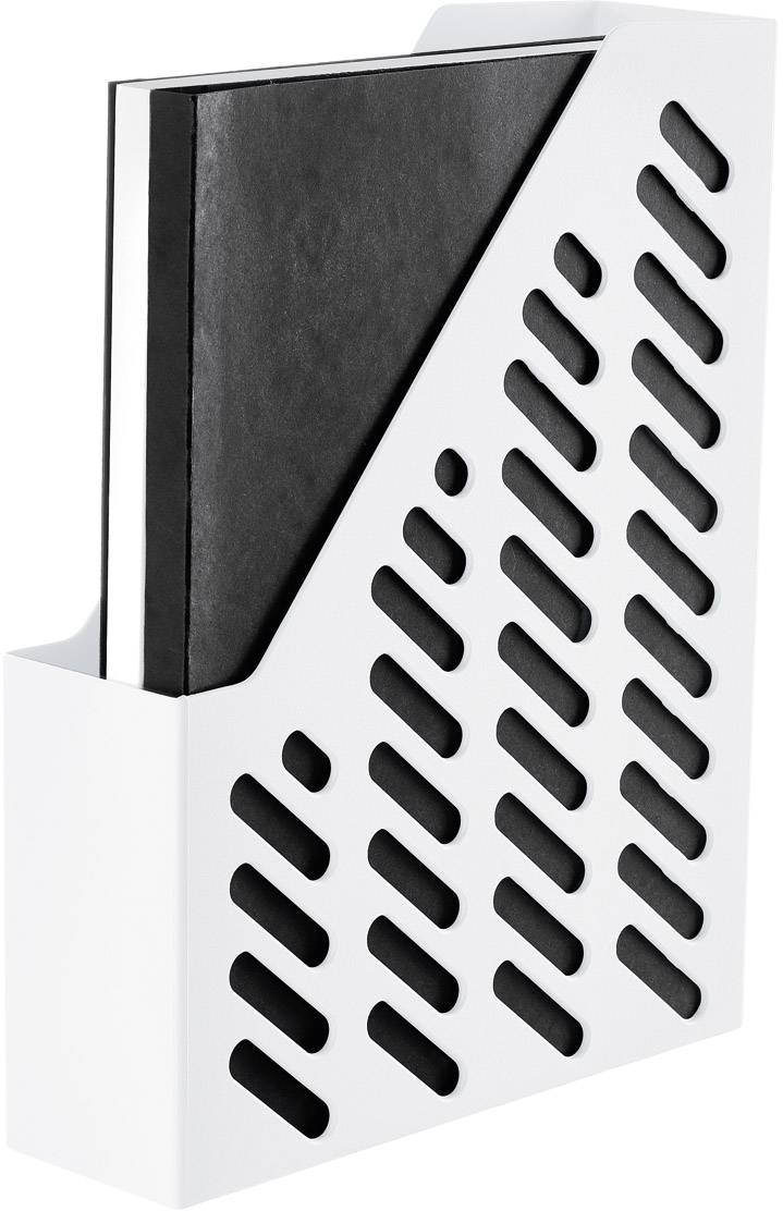 Black notebook in a white magazine holder with diagonal slots.