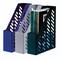 Three plastic file holders in blue, grey, and black stand side by side, each filled with folders or magazines.