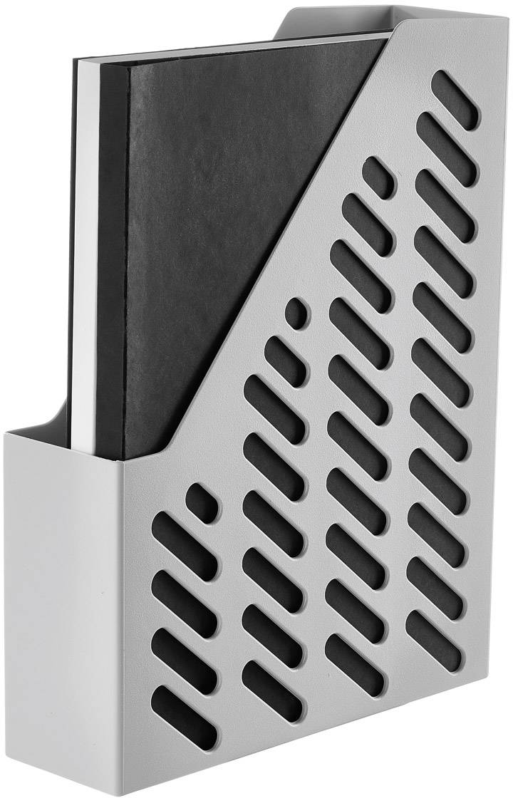A black notebook is placed in a grey, vertical magazine holder with diagonal slots.