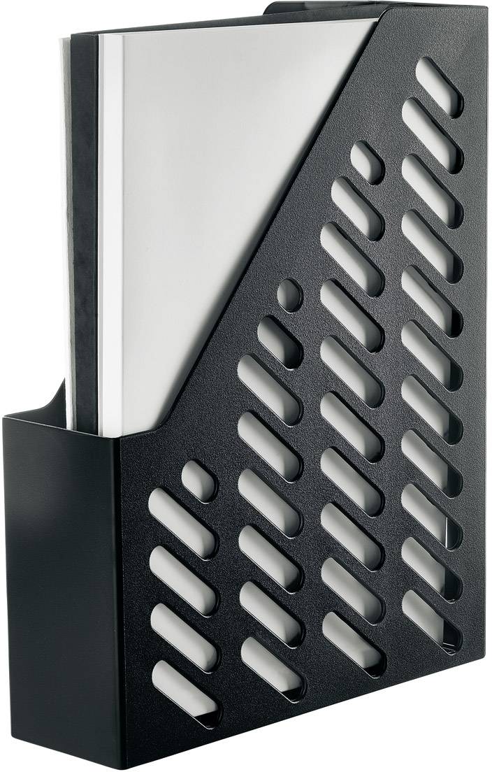 A black magazine rack with diagonal slots, which contains a silver-coloured magazine.