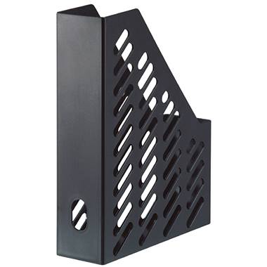 A black plastic document stand with an angled lattice design for storing documents or magazines.