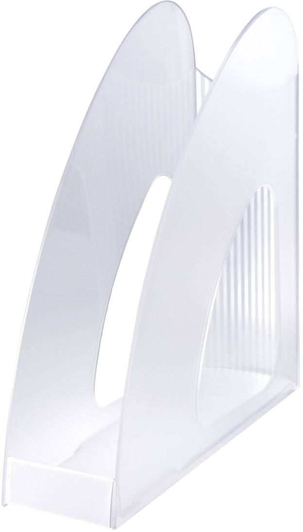 A transparent plastic magazine holder with a curved design.