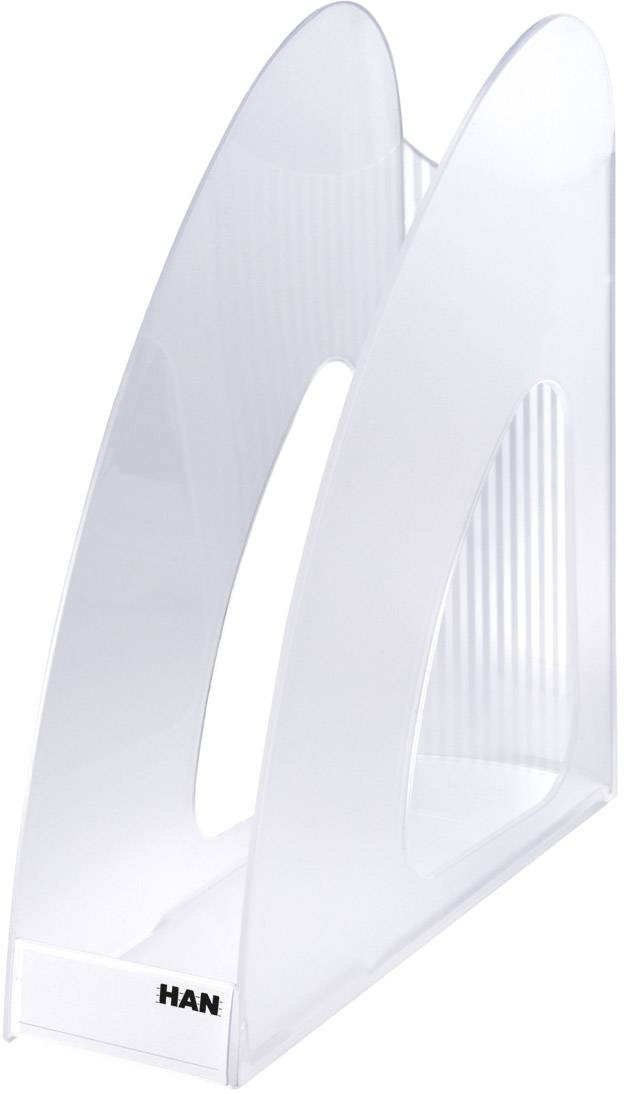 A transparent magazine holder with a sleek, modern design, ideal for storing documents or magazines.