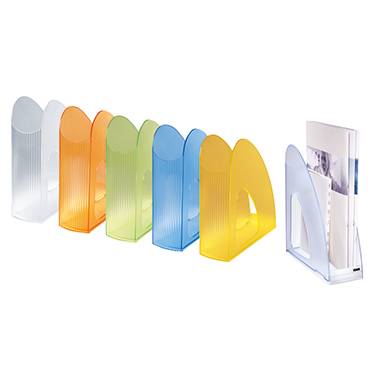 Various colourful file stands arranged in a row, ascending by colour; the last file stand contains white documents.