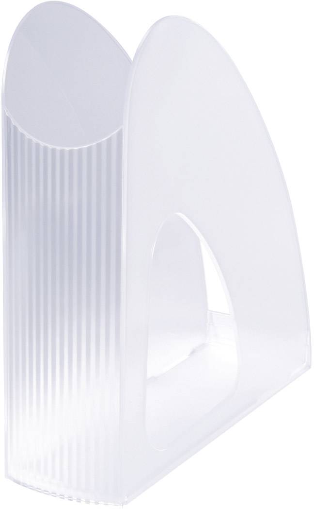 A transparent, vertically standing magazine holder with a ribbed structure, used for storing magazines or documents.