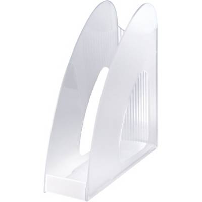 A transparent magazine rack made of plastic with a curved design. Ideal for storing magazines or documents.