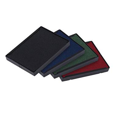 Four rectangular ink pads in black, blue, green, and red are stacked on top of each other. They are intended for office use.