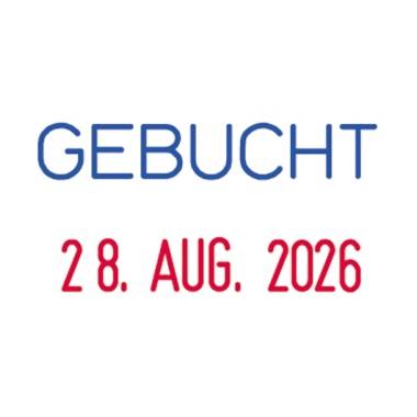 'BOOKED 28 AUG. 2026' in blue and red lettering on a white background.