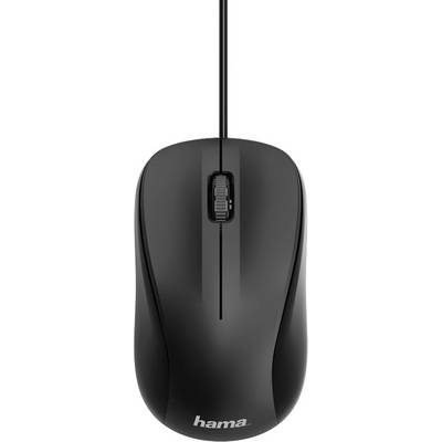 Black wired mouse from above, with scroll wheel and two buttons, brand 'Hama'.