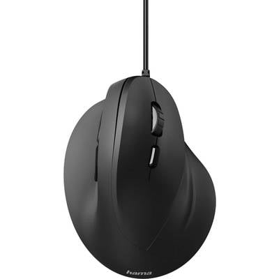 A black ergonomic mouse with a cable and side buttons. It is vertically designed to support a natural hand position.