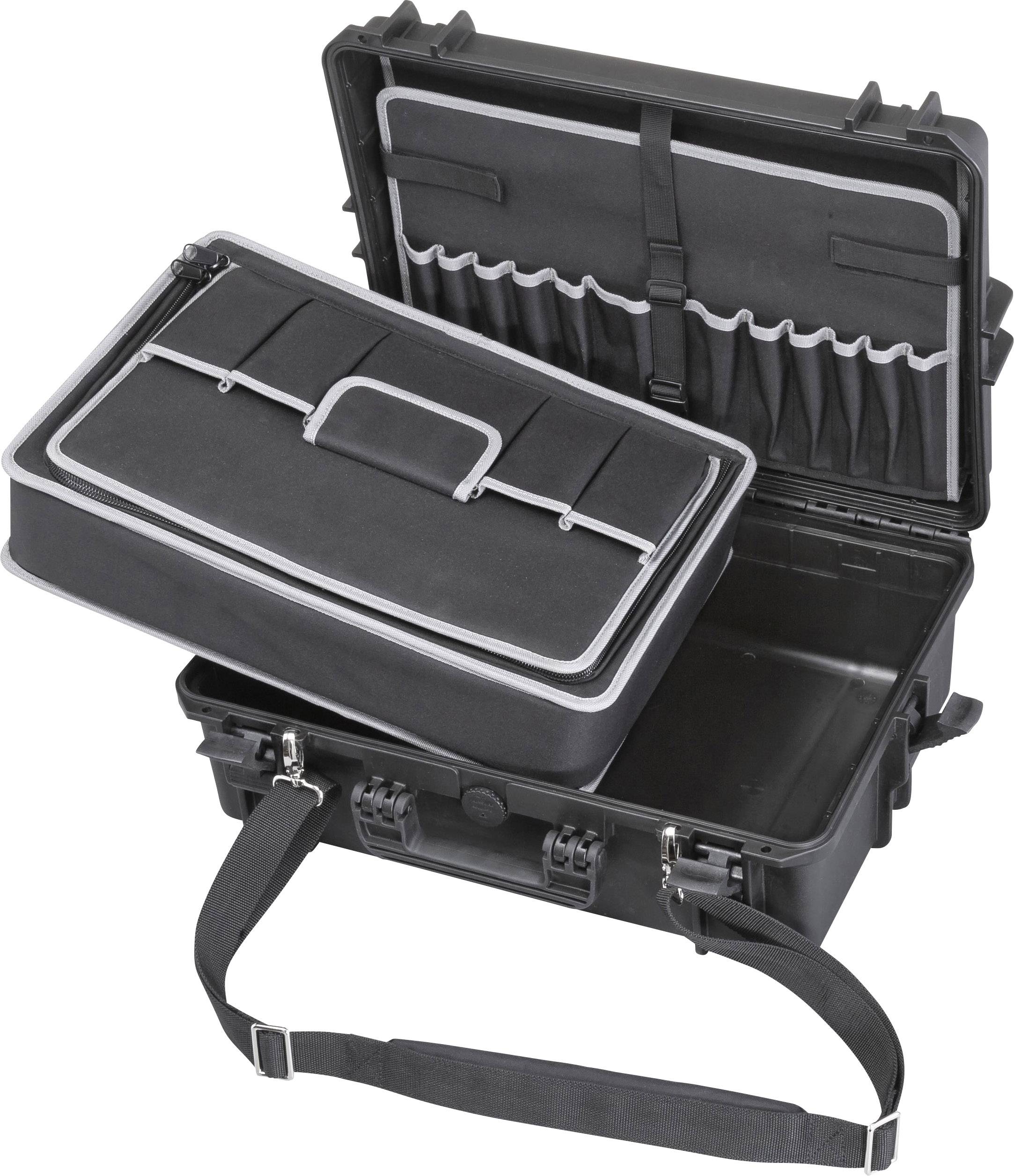 Black hard-shell suitcase with removable, padded inner pouch and multiple compartments, open compartment visible, shoulder strap included.