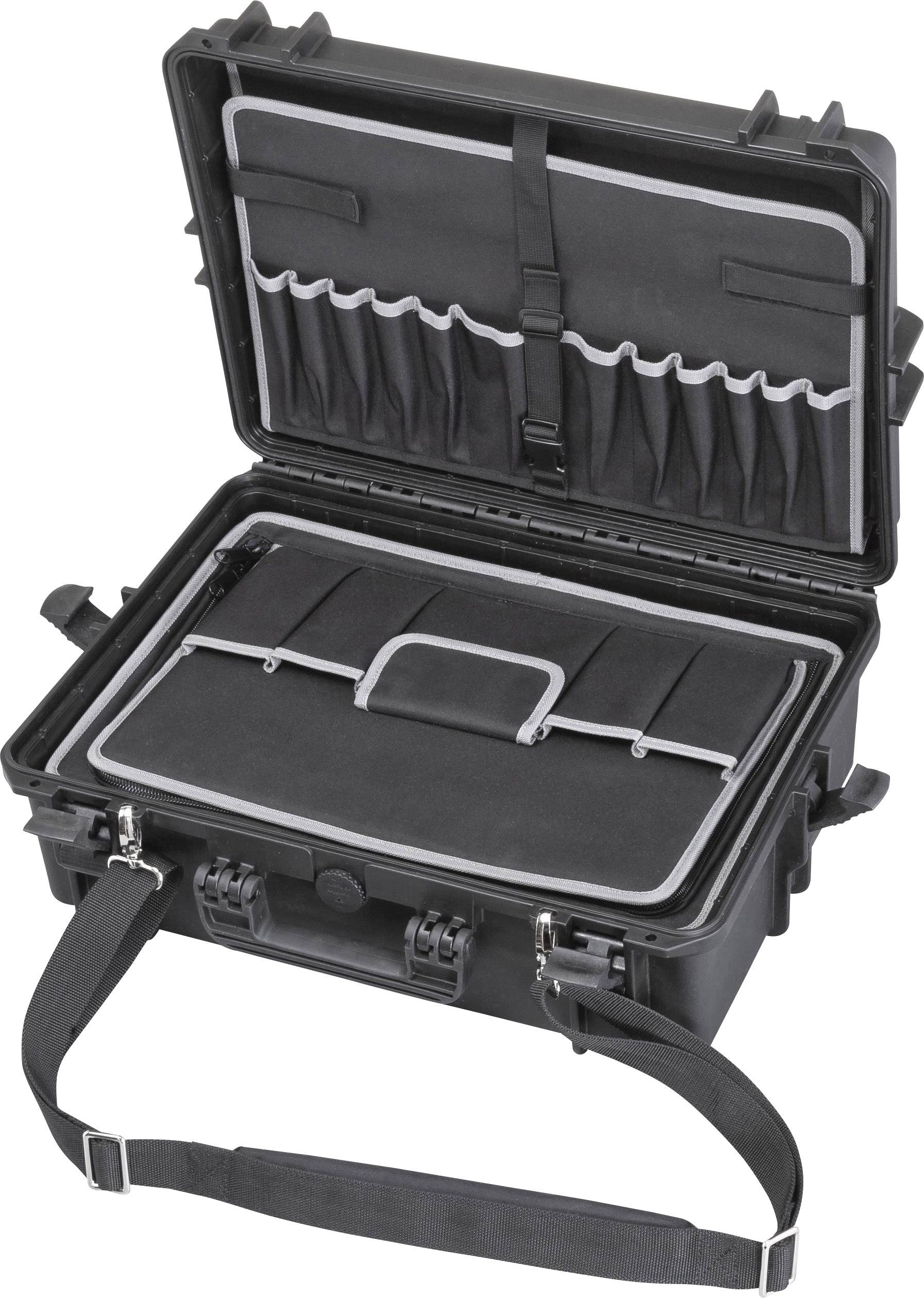 Open black suitcase with compartments and pockets, suitable for storing items, including straps for secure transportation.