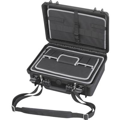 Black hard-shell suitcase with open lid, showing padded, organisational inner pockets. Perfect for transporting delicate equipment.