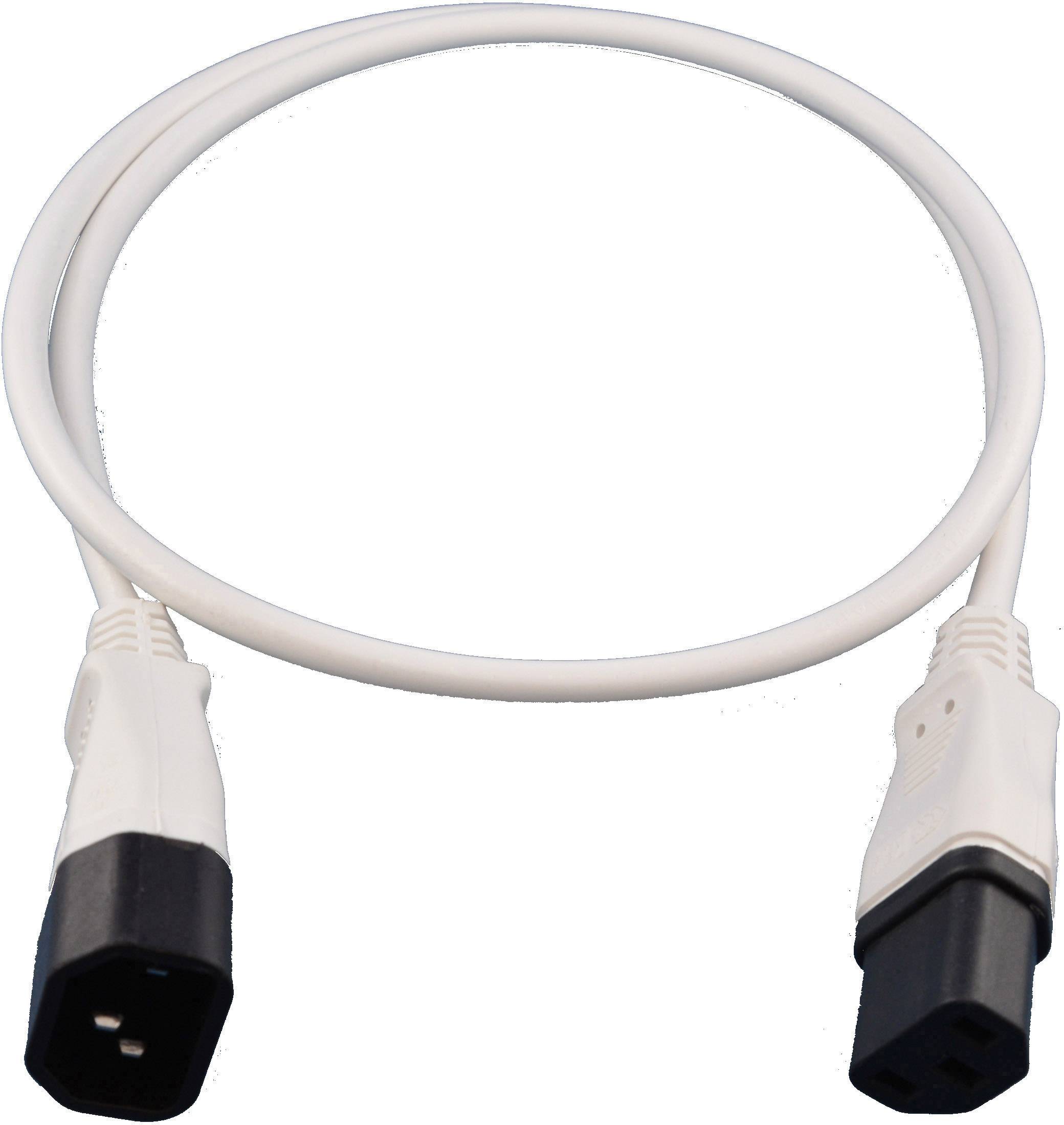 A white mains cable with C13 and C14 connectors, suitable for connecting electronic devices to a power source.