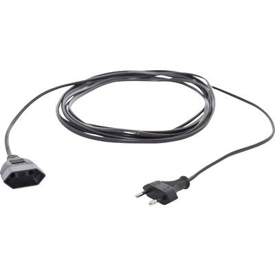 A long black power cable with a European plug and a rectangular connector. Suitable for connecting electrical devices.